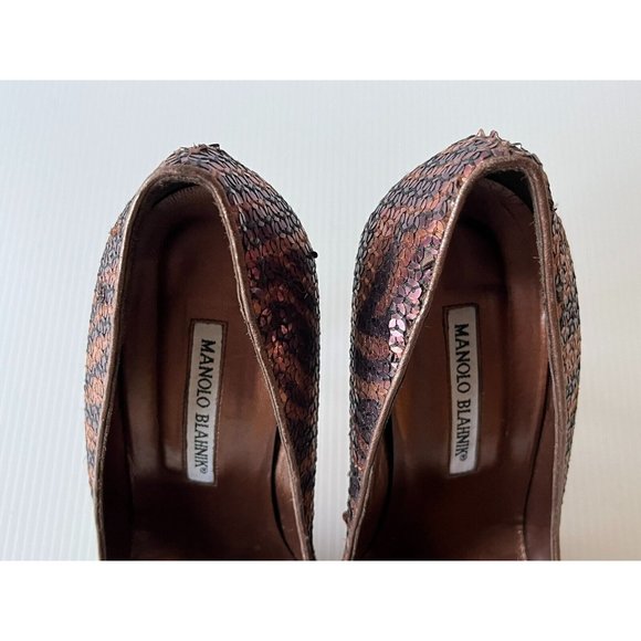 Manolo Blahnik Purple & Bronze Sequin Animal Stripe Heels, Size 39 (IT) 9 (US) - Picture 4 of 11